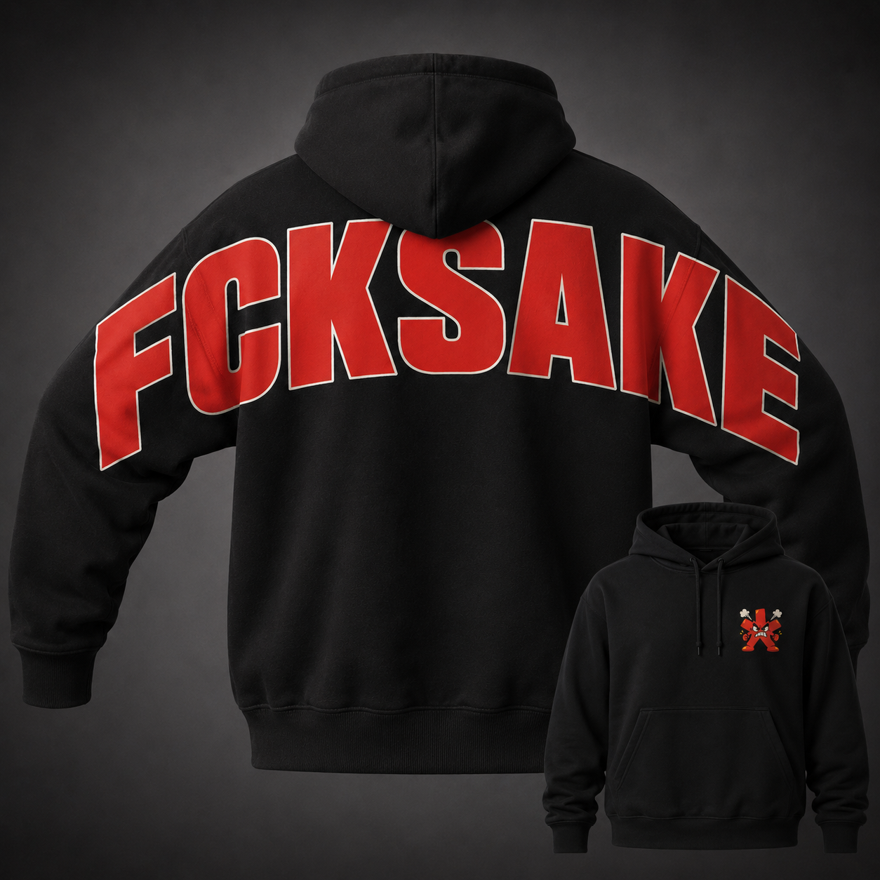 Black heavyweight FCKSAKE mascot hoodie with sleeve-to-sleeve back print